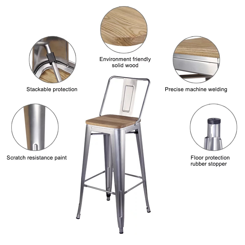 30 Inch Silver Metal Bar Stools with Light Wood Seat, Set of 6 Q454041