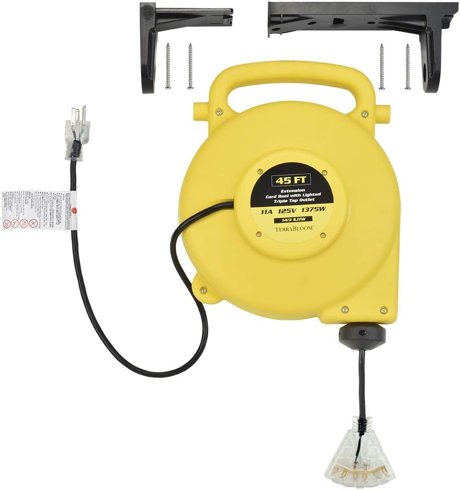 45 Ft Retractable Extension Cord Reel with 3 Electrical Outlets Heavy Duty Yellow Case Black Cable V420