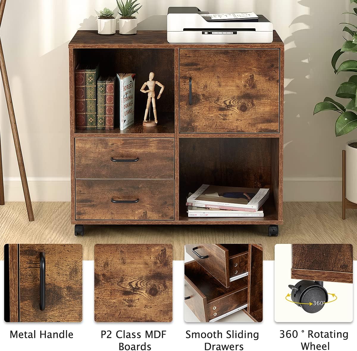 2 Drawers Mobile Wooden Lateral Filing Cabinet with Lockable Casters R1638