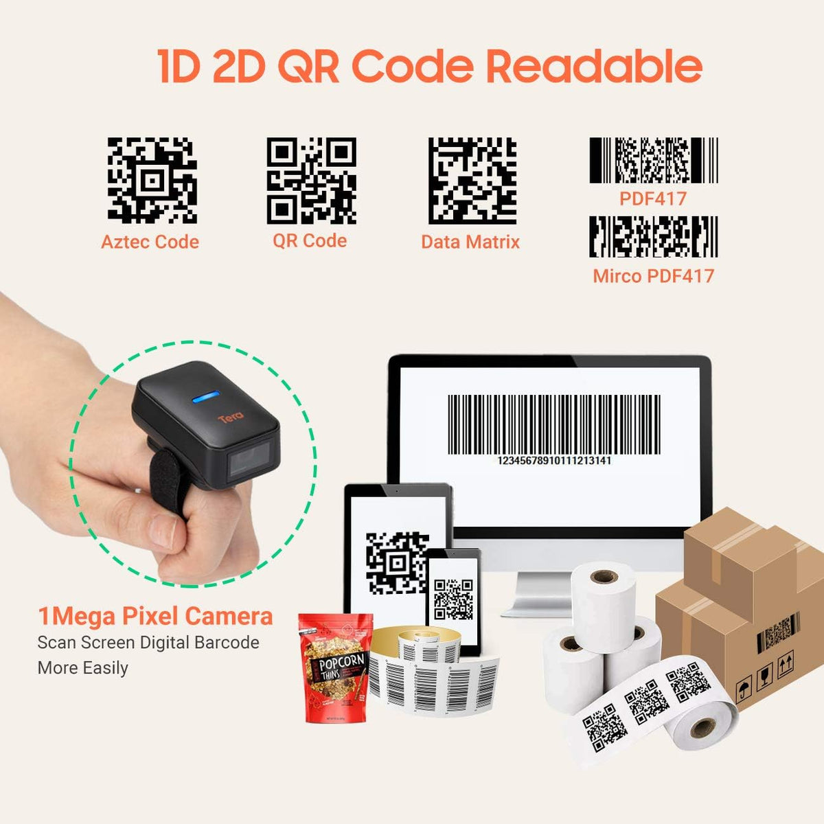 Wireless Ring Barcode Scanner with Bluetooth H8768