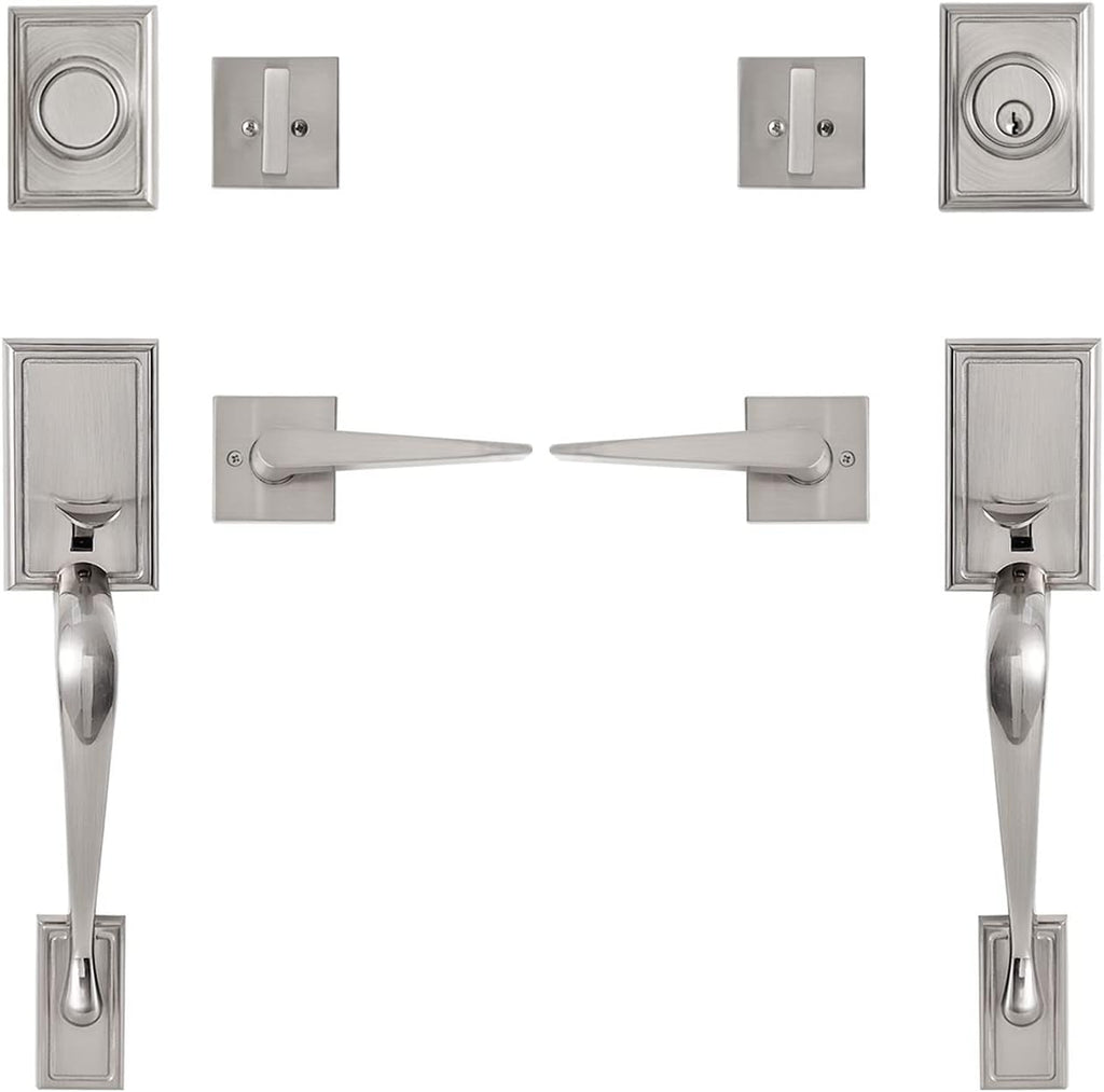 Satin Nickel Front Door Handle Set with Lock and Deadbolt, Pack of 2 T997