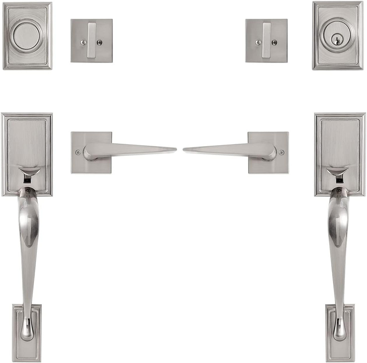 Satin Nickel Front Door Handle Set with Lock and Deadbolt, Pack of 2 T997