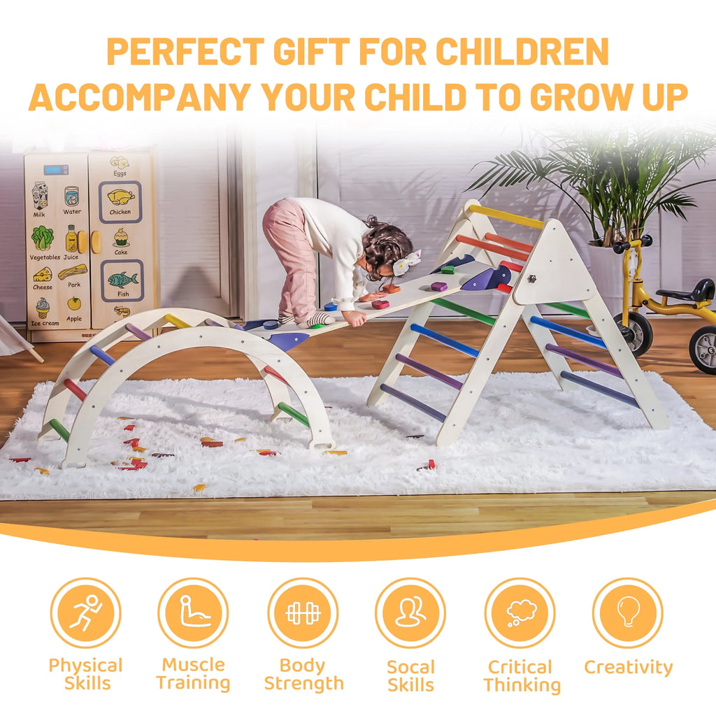4-in-1 Wooden Pikler Climbing Triangle with Ramp and Arch M551826