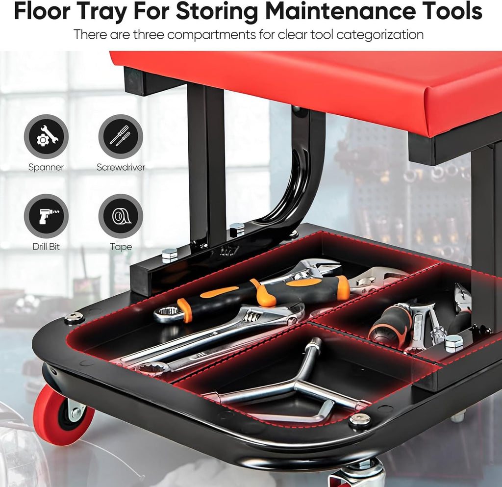 Black/Red Heavy Duty Garage Roller Seat with Tool Tray, 250 LBS Capacity V298