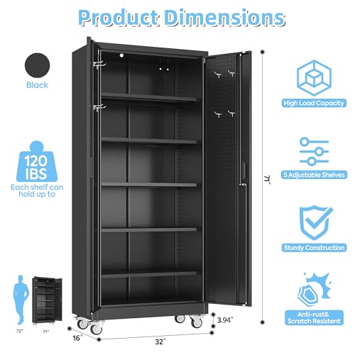 73''H White Metal Storage Cabinet with Wheels and Pegboards I7437