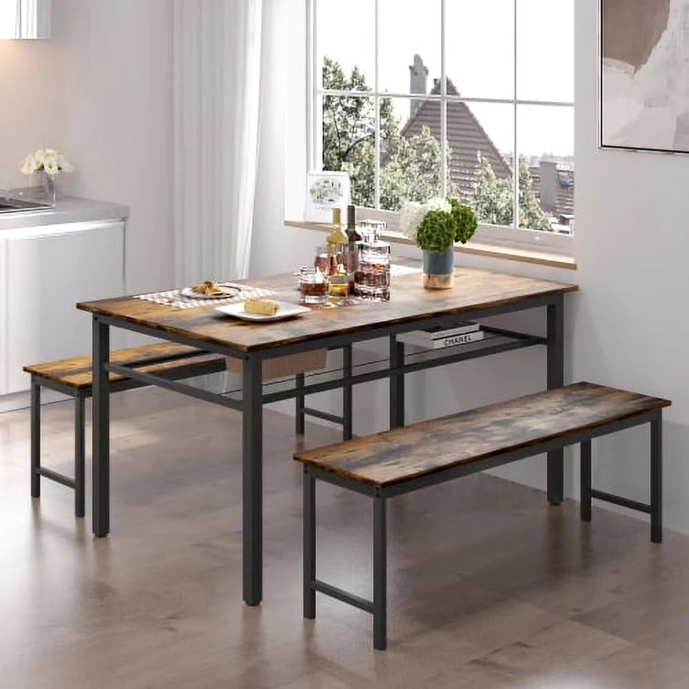 3 Pieces Farmhouse Kitchen Table Set with Two Benches Z4618