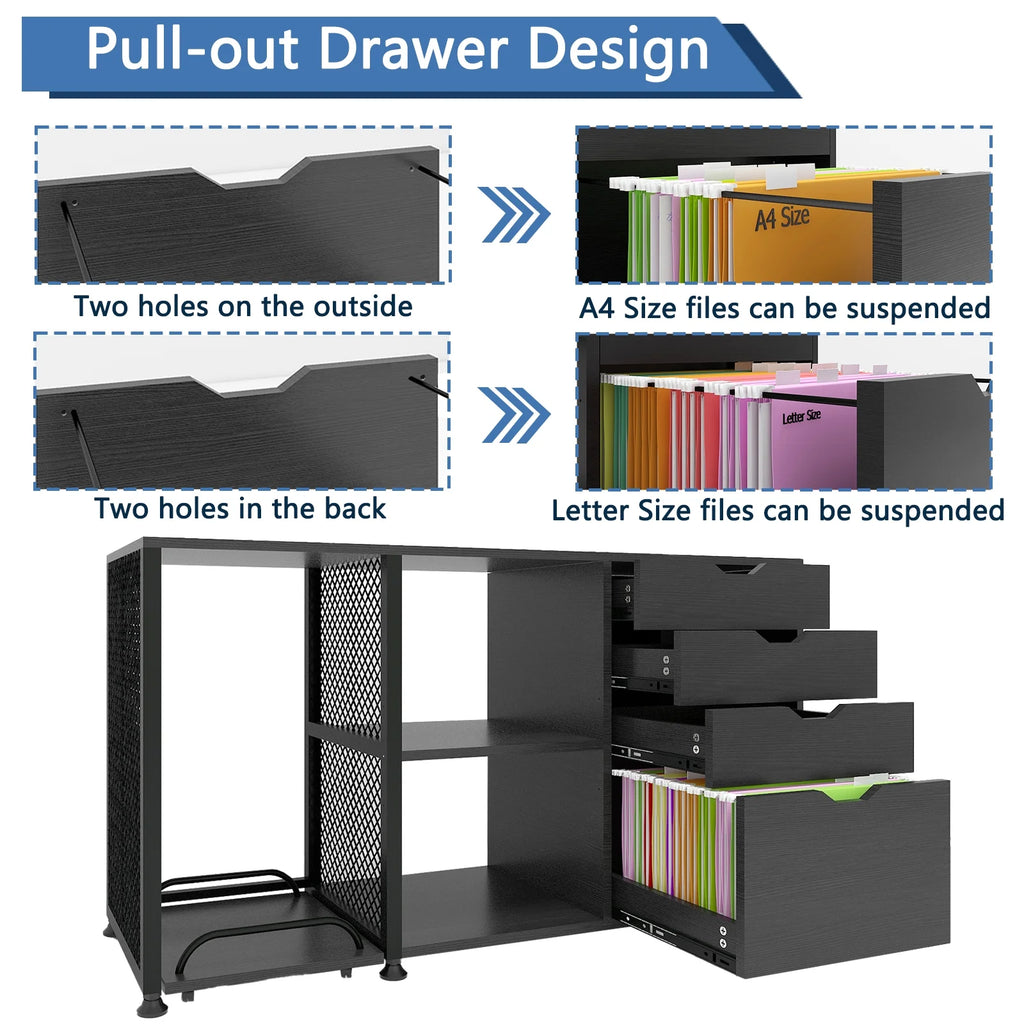 Black 4 Drawer Mobile File Cabinet with 3 Shelves B671