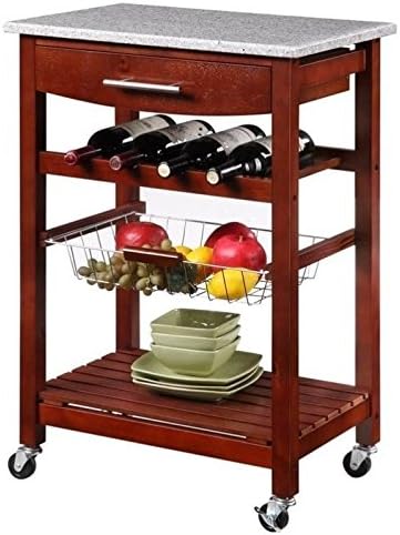 Pine Wood Granite Top Rolling Microwave Kitchen Island Cart with Storage L4163