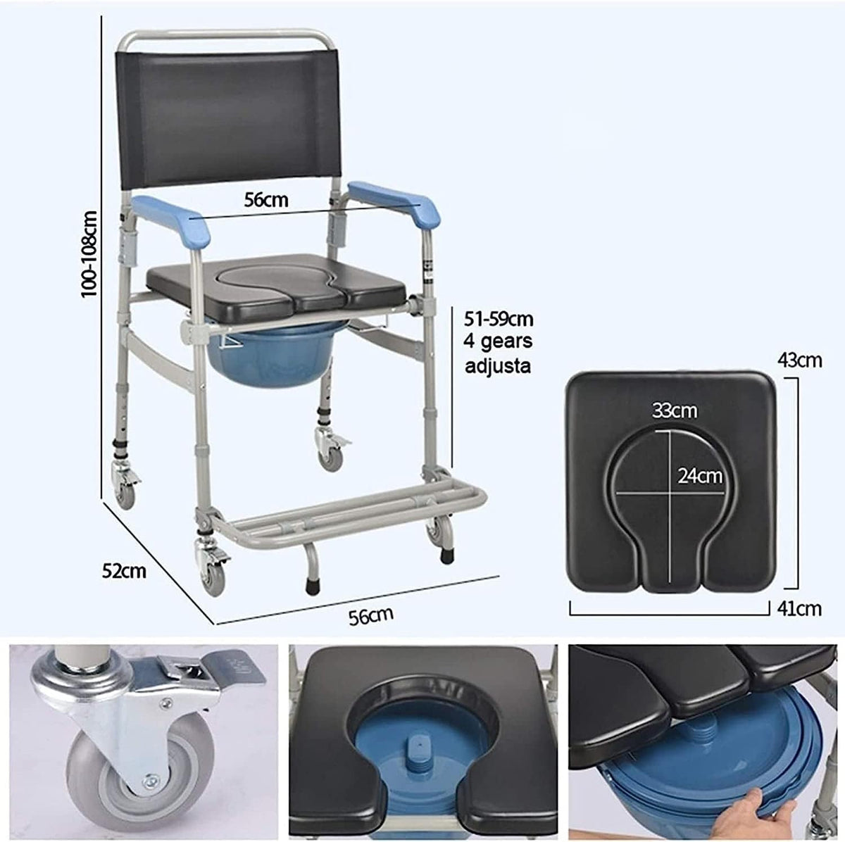 Lightweight Bedside Commode Portable Toilet Bath Chair Adjustable Height Shower Chair R491