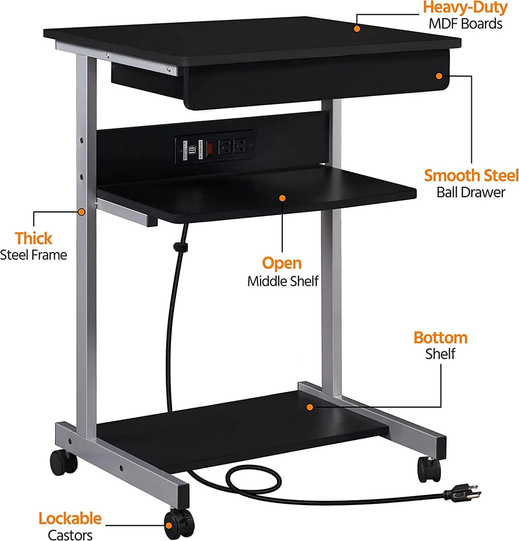 Black Compact Laptop Desk On Wheels With Power Outlet And USB Ports S9282