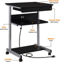 Black Compact Laptop Desk On Wheels With Power Outlet And USB Ports S9282