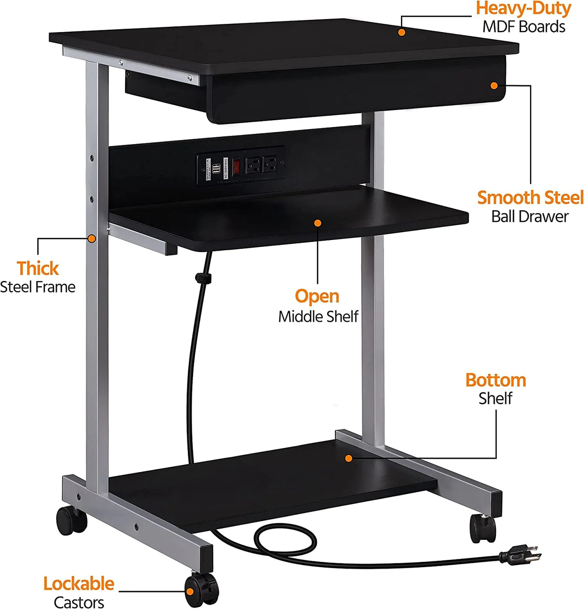 Black Compact Laptop Desk On Wheels With Power Outlet And USB Ports S9282