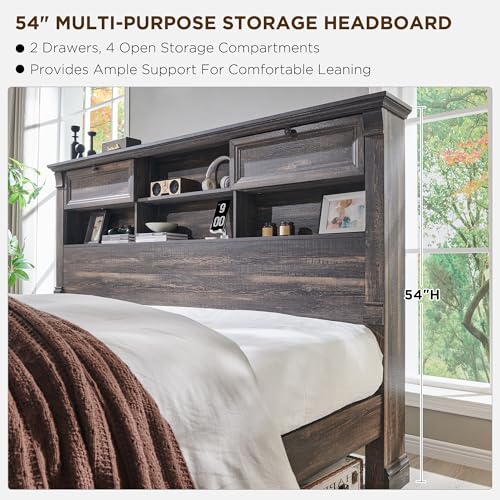 King Size Wood Platform Bed Frame with Storage Headboard and 2 Drawers Antique White P43304