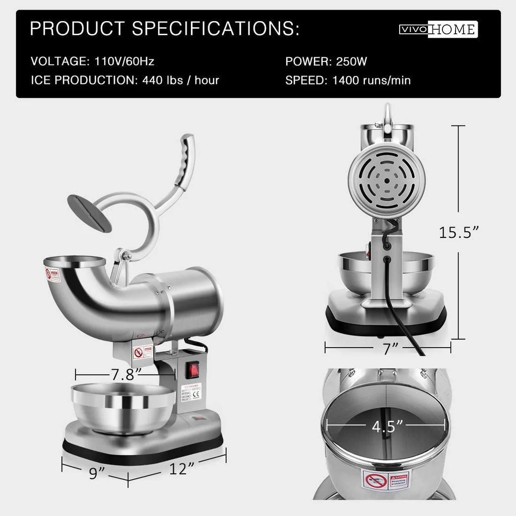 Silver Electric Dual Blades Ice Crusher Snow Cone Maker Machine 440lbs/hr G92200