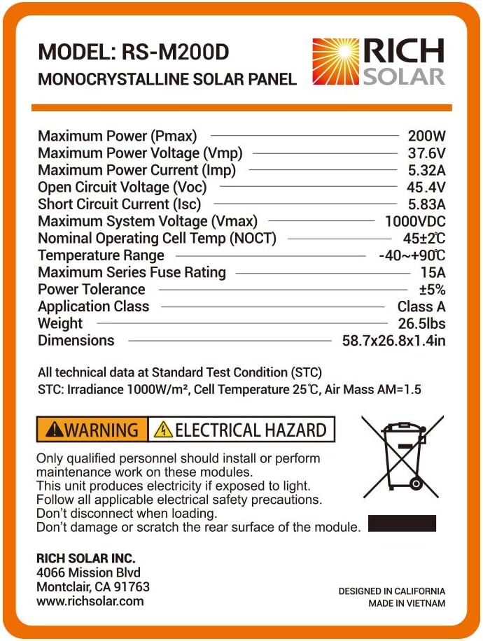 200 Watt 24 Volt Monocrystalline Solar Panel D54934