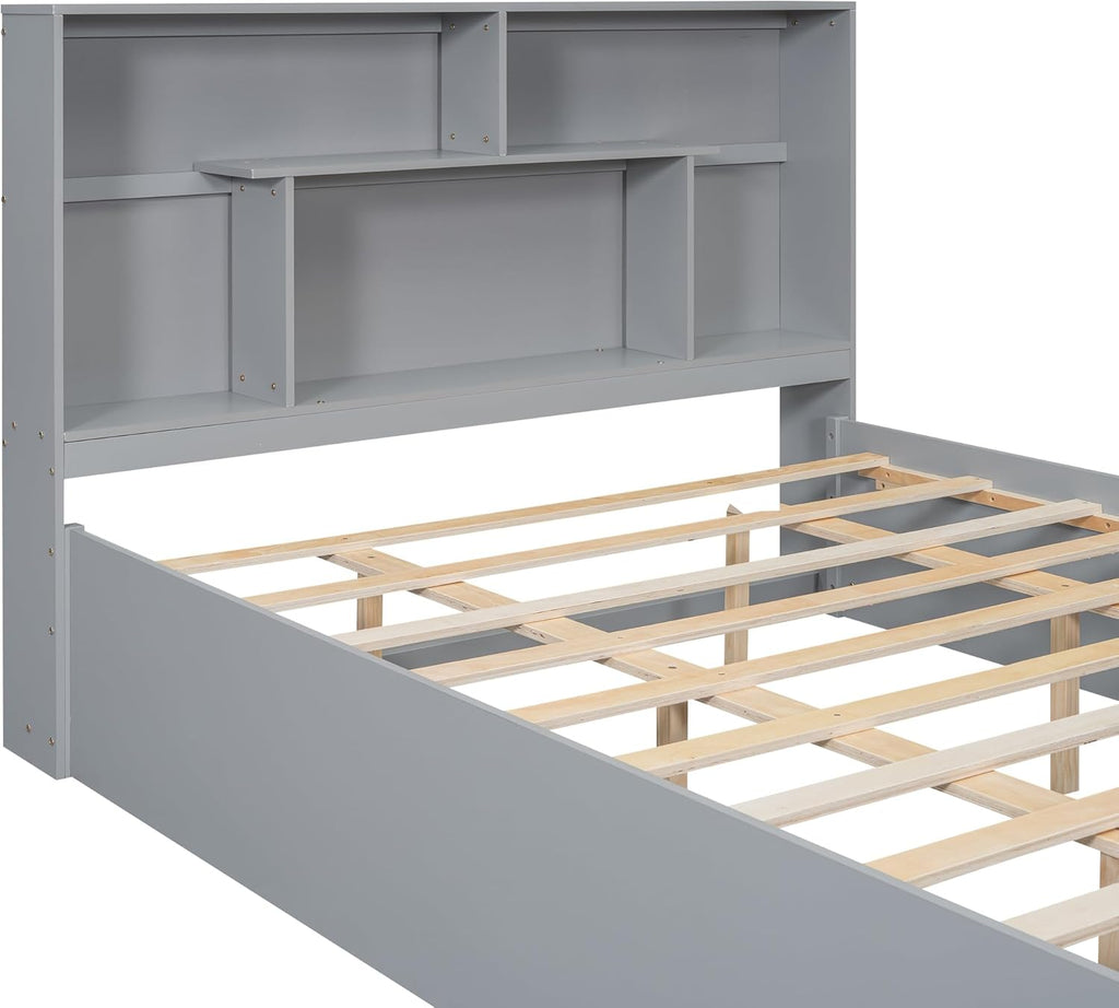 Gray Queen Size Wooden Platform Bedframe with Bookcase Headboard and 2 Storage Drawers K341