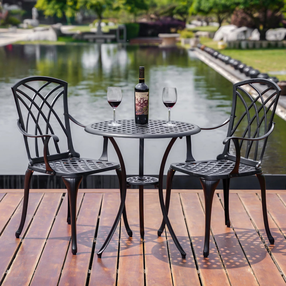 3 Piece Cast Aluminum Patio Bistro Set with Umbrella Hole Y53990