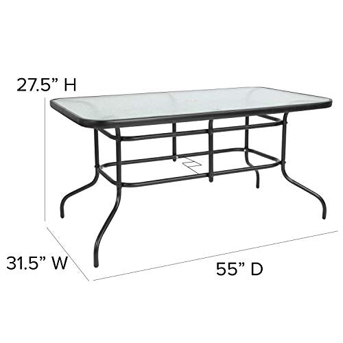 Rectangular Metal Patio Table & Chairs Set with Tempered Glass Top and 4 Black Aluminum Stacking Chairs F18209