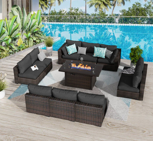 11 PCS Black Wicker Patio Furniture Set with Fire Pit Table J21040