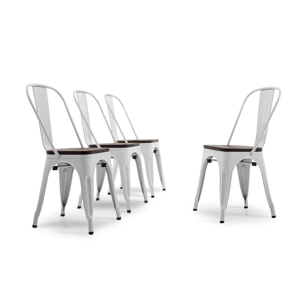 Set of 4 White Wood Seat Metal Bistro Dining Chairs W43376