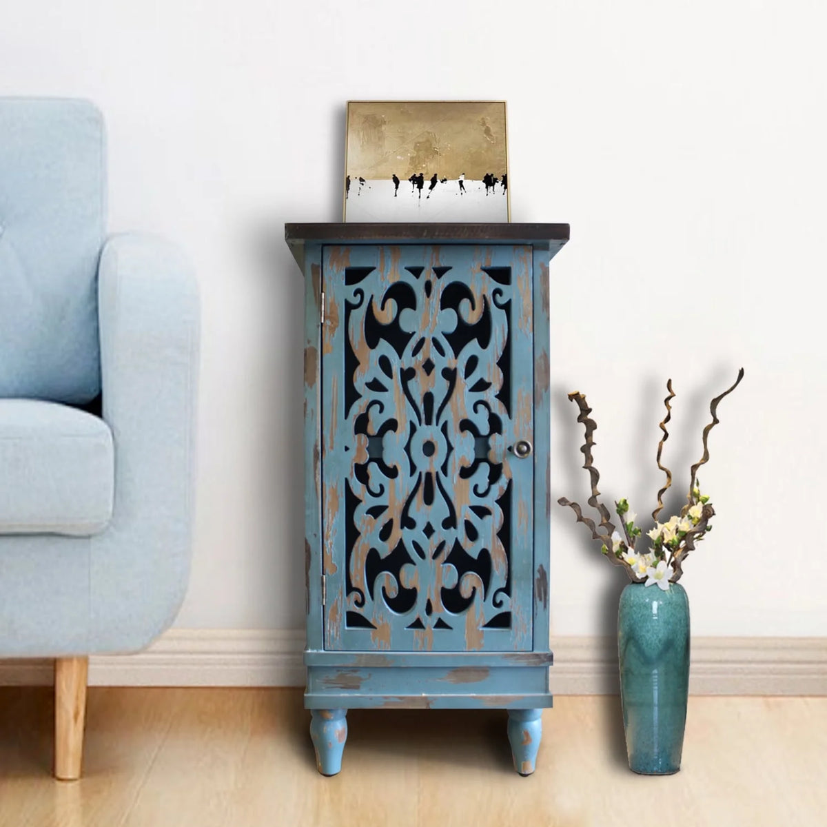 Teal Wooden End Table with Carved Legs B6438