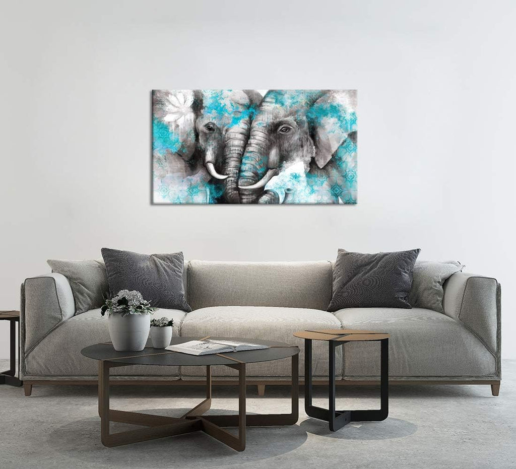 Large Animal Canvas Wall Art Elephant Couple in Love Boho Decor Mandala Elephant Grey and Teal Artwork Stretched and Framed Ready to Hang 20x36inch W54941