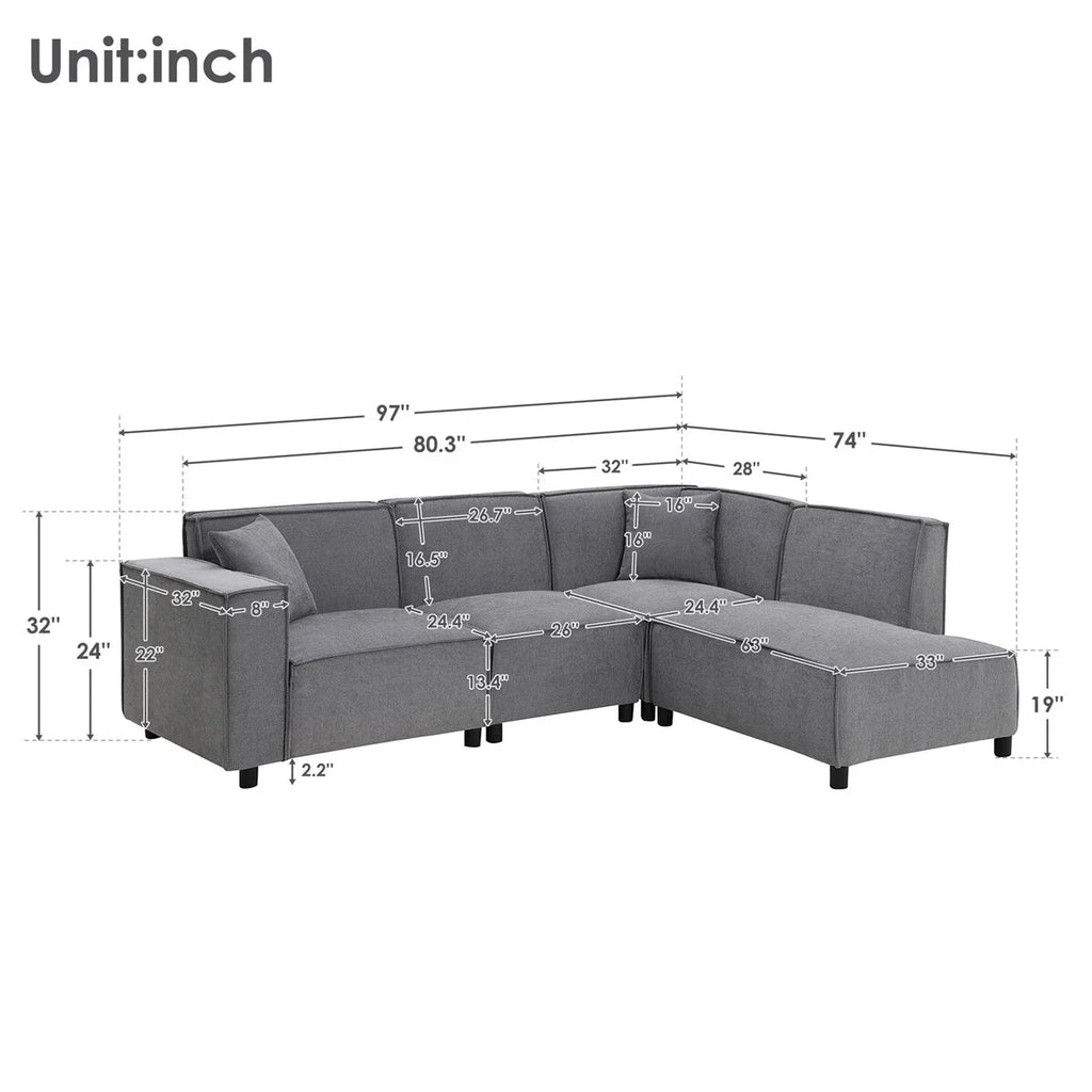 97\*74" Chenille Fabric L-shaped Sectional Sofa with Chaise Lounge G7198