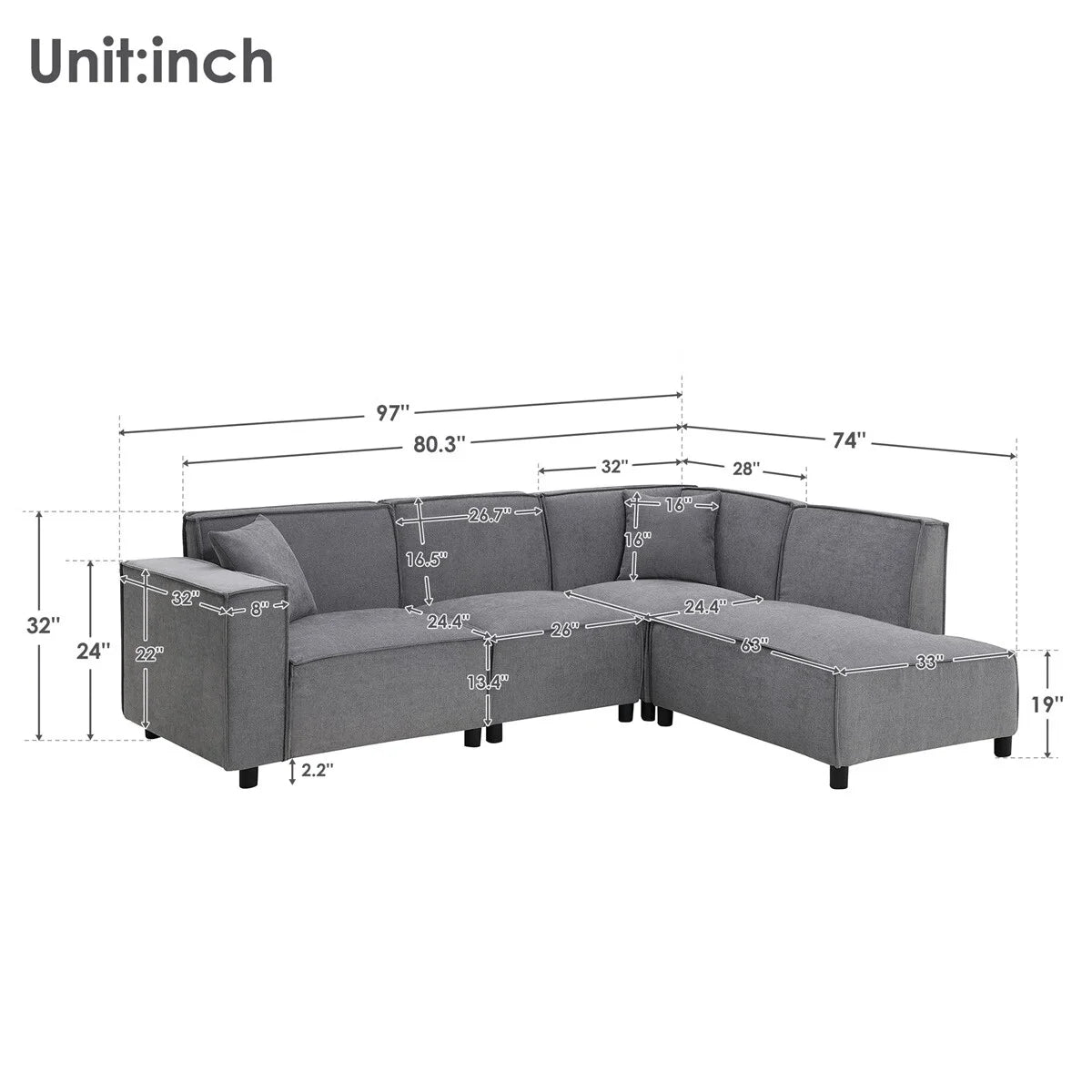 97\*74" Chenille Fabric L-shaped Sectional Sofa with Chaise Lounge G7198