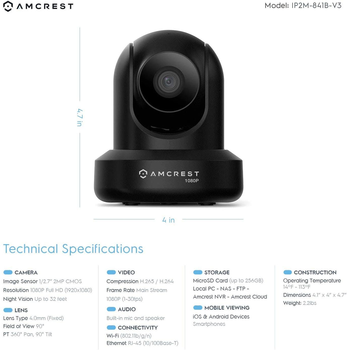 1080p WiFi Indoor Pan/Tilt Security IP Camera Black A742
