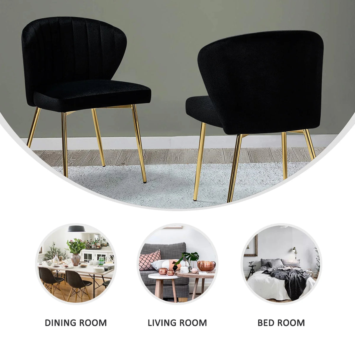Black Velvet Upholstered Wingback Dining Chairs Set of 4 with Metal Legs P972