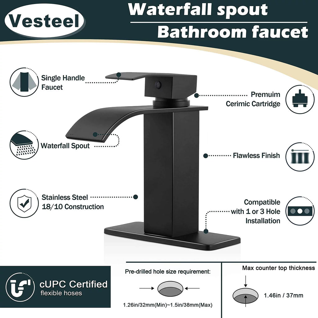 Black Stainless Steel Single Handle Waterfall Bathroom Faucet T143174