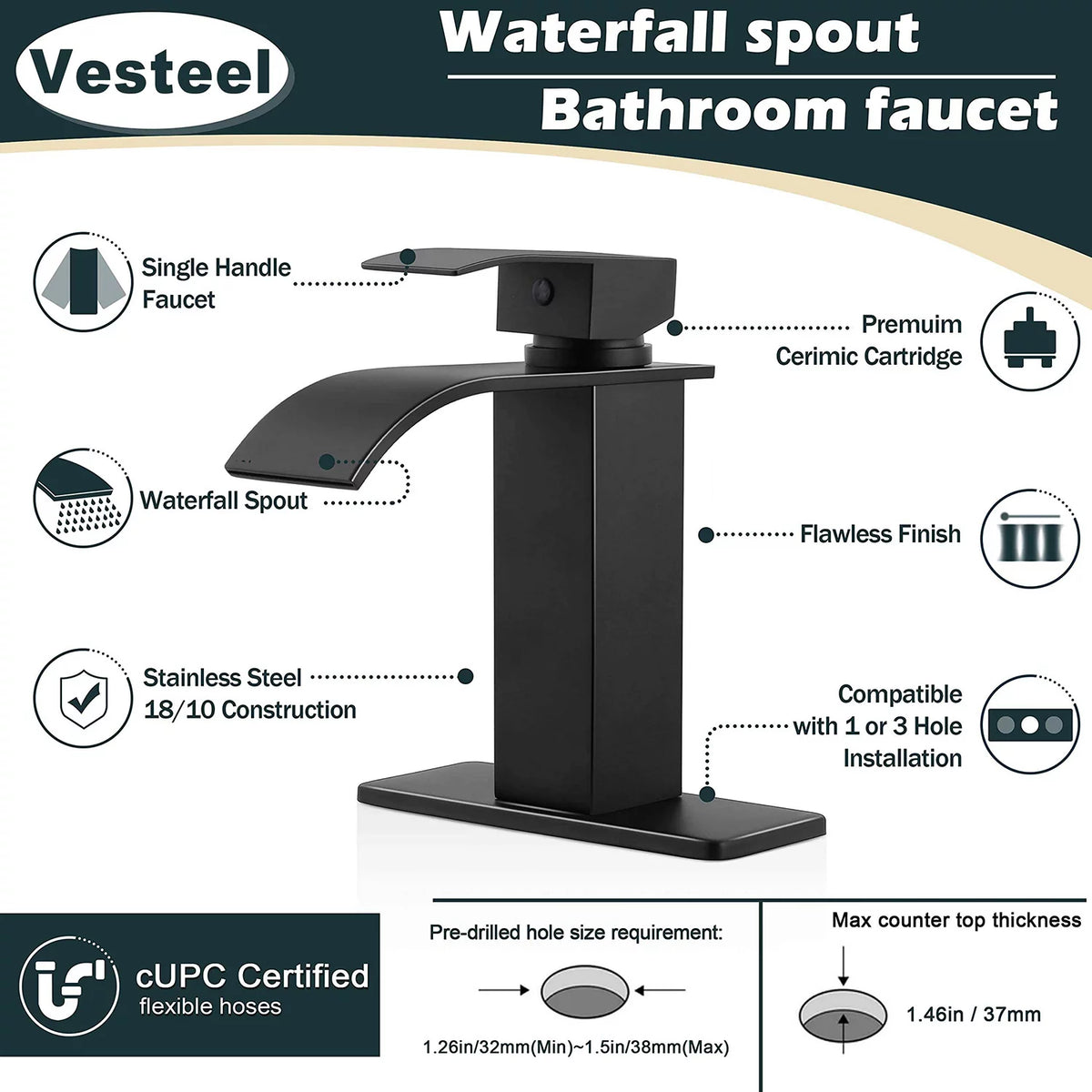 Black Stainless Steel Single Handle Waterfall Bathroom Faucet T143174