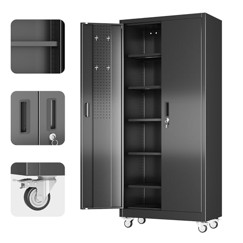 73''H White Metal Storage Cabinet with Wheels and Pegboards I7437