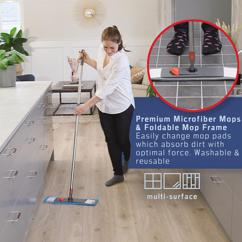 Wet Flat Floor Mop, Rubber Brush, Microfiber Duster, Window Cleaner with Squeegee, 2 Microfiber Cloths, 2 Dish Sponges, Pack of 2 O90126