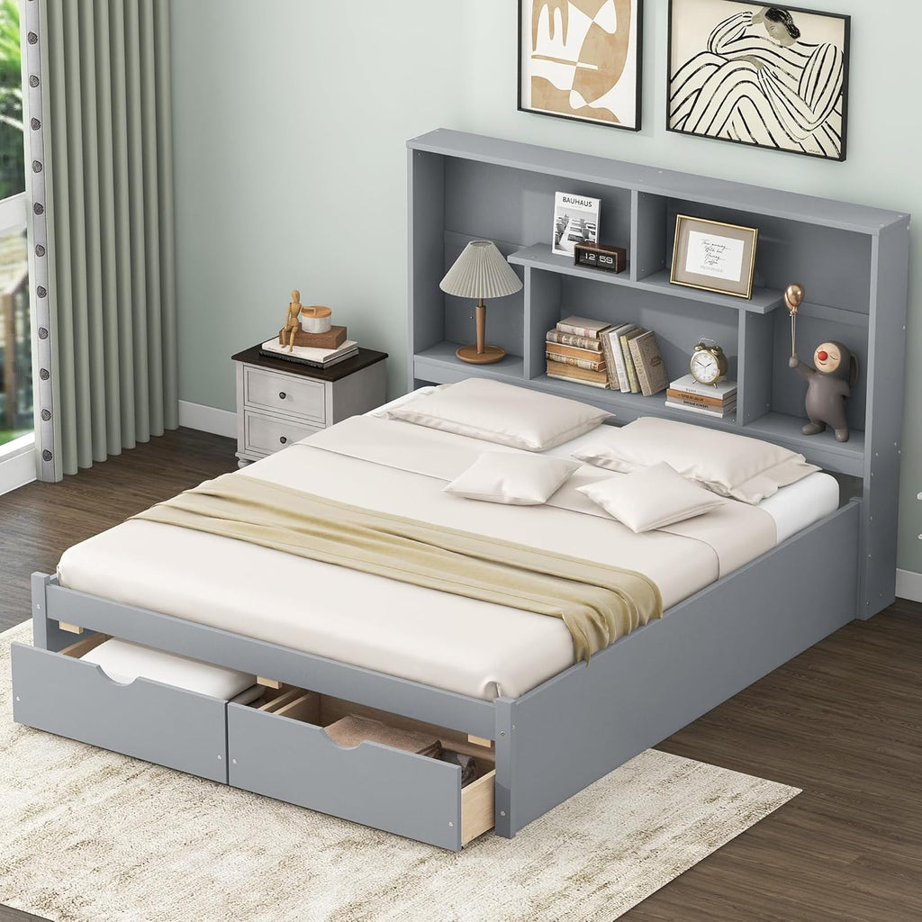 Gray Queen Size Wooden Platform Bedframe with Bookcase Headboard and 2 Storage Drawers K341