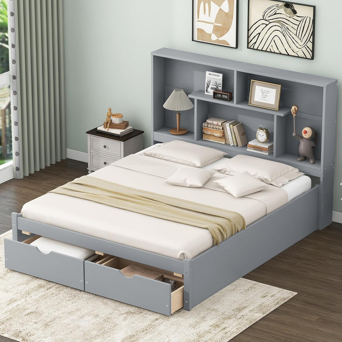 Gray Queen Size Wooden Platform Bedframe with Bookcase Headboard and 2 Storage Drawers K341