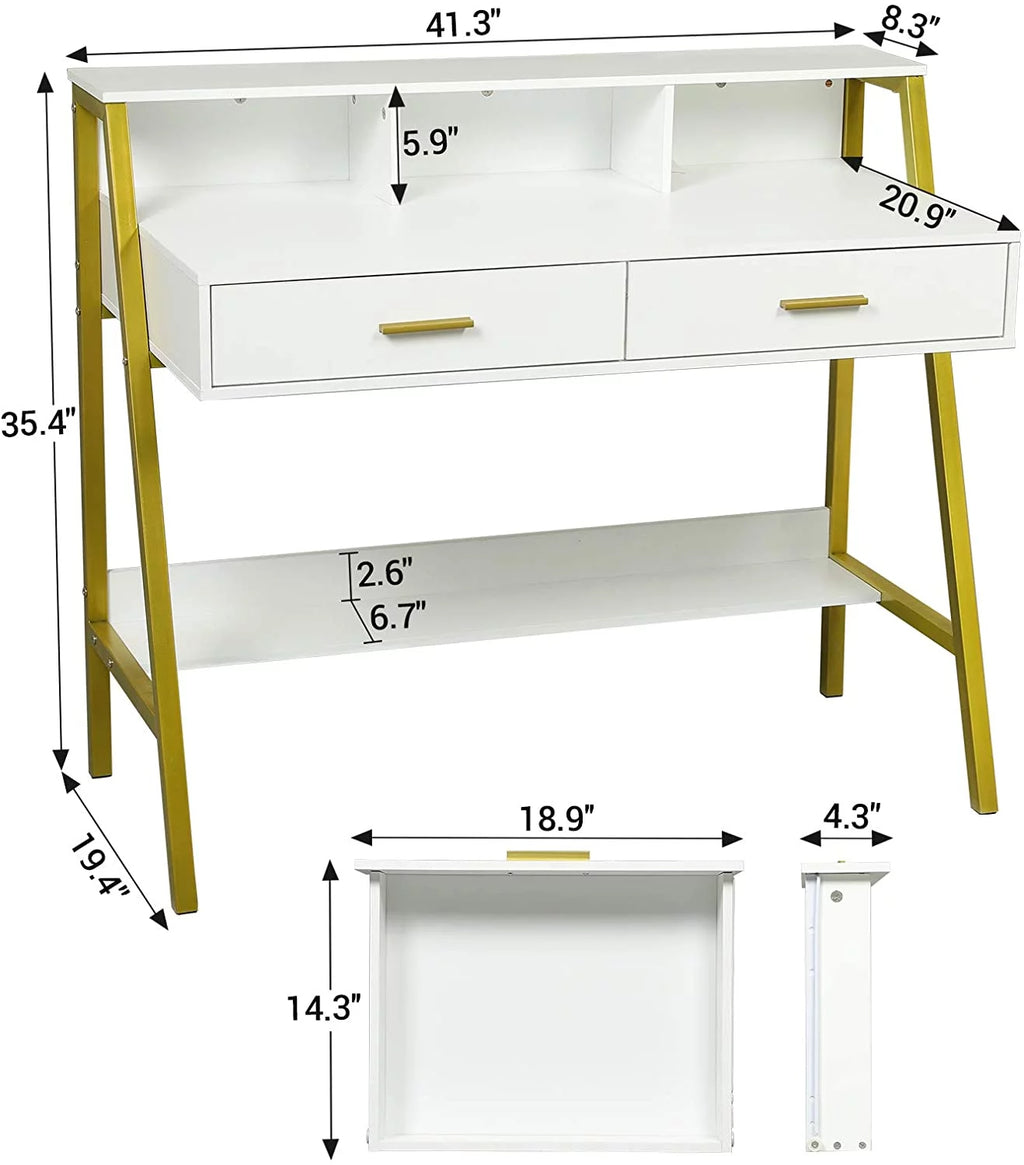 White and Gold Computer Desk with Drawers R232794