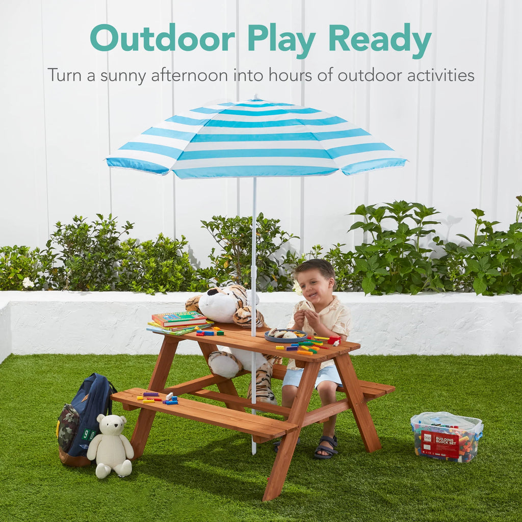 Kids Wooden Picnic Table with Adjustable Umbrella and Built-In Seats E4429