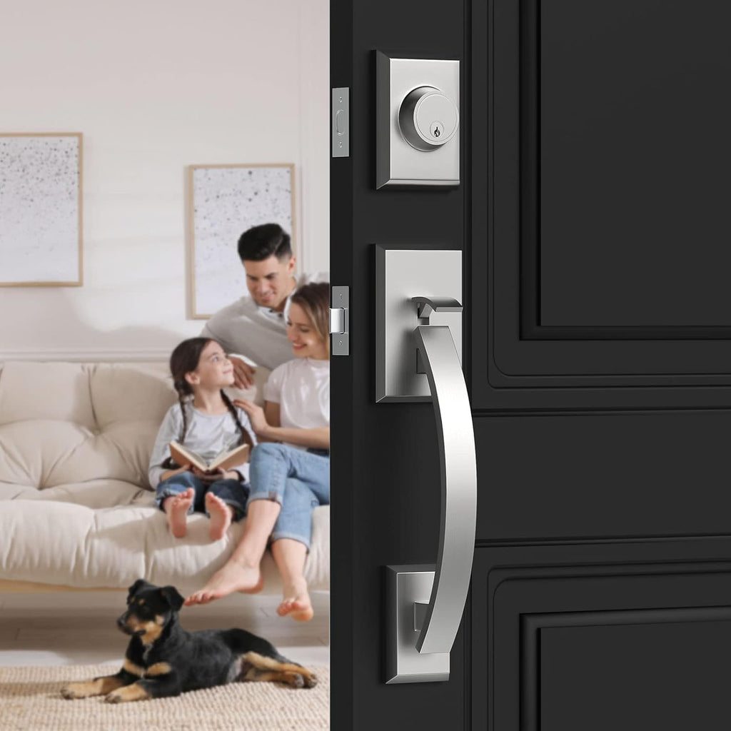 Satin Nickel Front Door Handle Set with Lock and Deadbolt, Pack of 2 T997