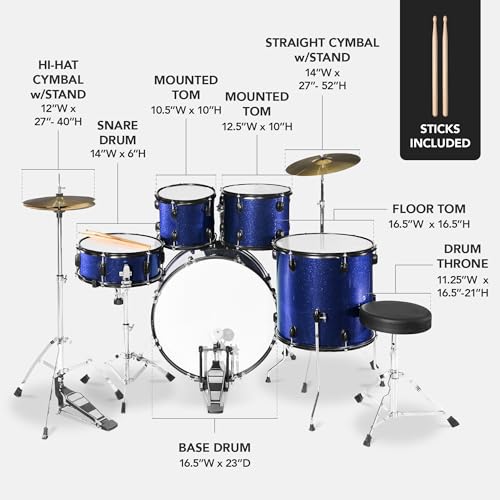 5-Piece Full Size Complete Adult Drum Set with Cymbal Stands, Stool, Drum Pedal, Sticks, Floor Tom - Dark Blue Sparkle K83519
