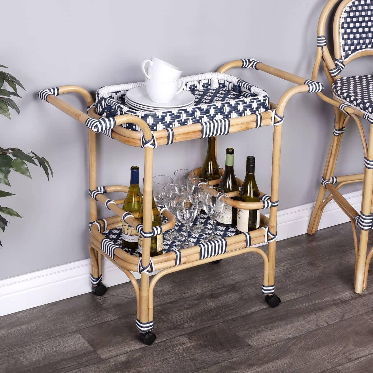 Blue & White Rattan Bar Cart U1262
