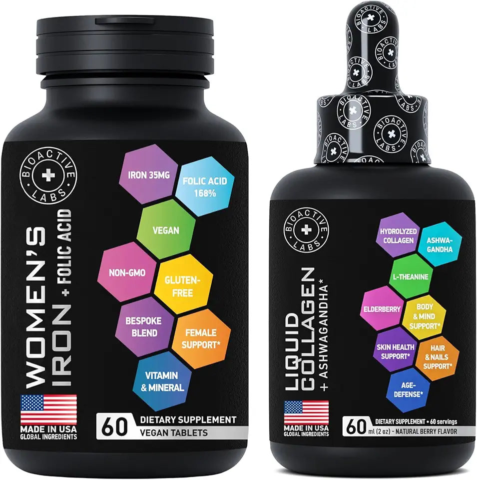 Liquid Collagen with Ashwagandha and Vegan Iron Supplements with Folic Acid R3850