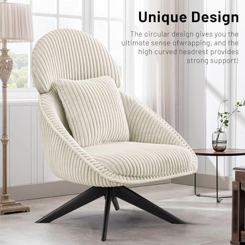 Grey Corduroy Swivel Accent Chair with Arms and Pillow F293768
