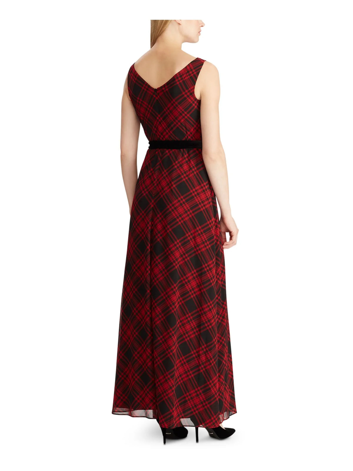 Black Plaid Sleeveless V Neck Maxi Sheath Dress C5642