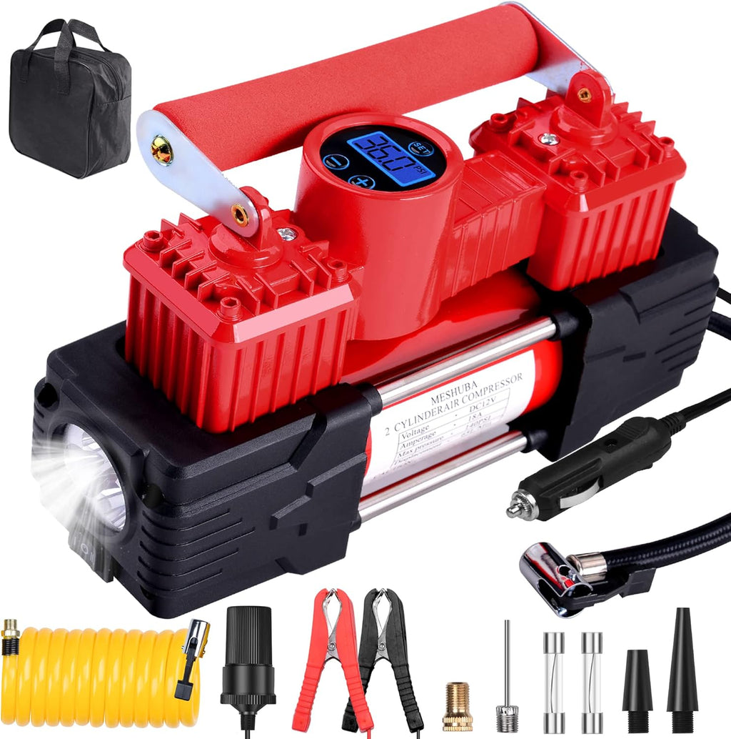 Red Double Cylinder Portable Air Compressor Tire Inflator with Digital Gauge, 12V DC, Pack of 2 F697213