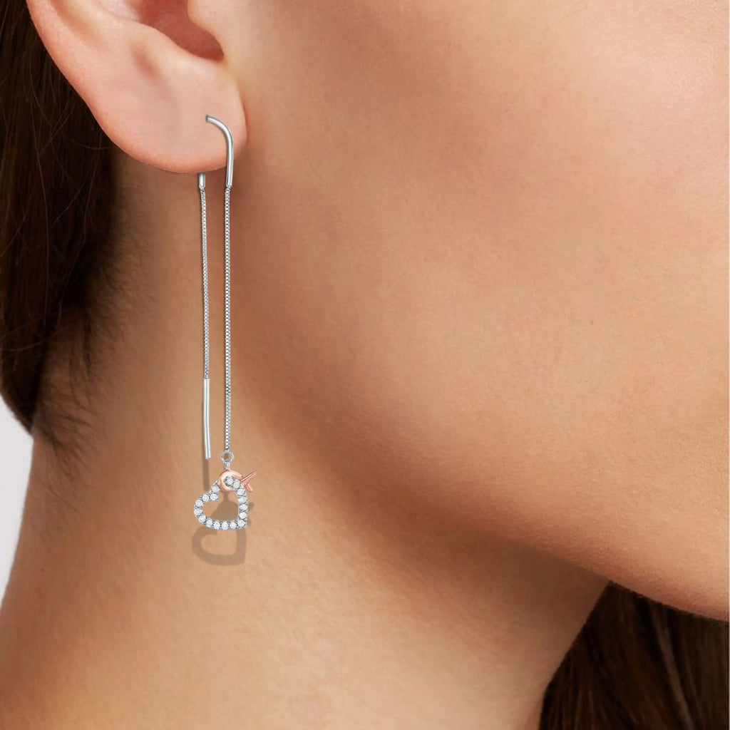 1/5 Cttw Diamond Pink Ribbon and Heart Dangle Threader Earrings in Rhodium Plated Sterling Silver W5131