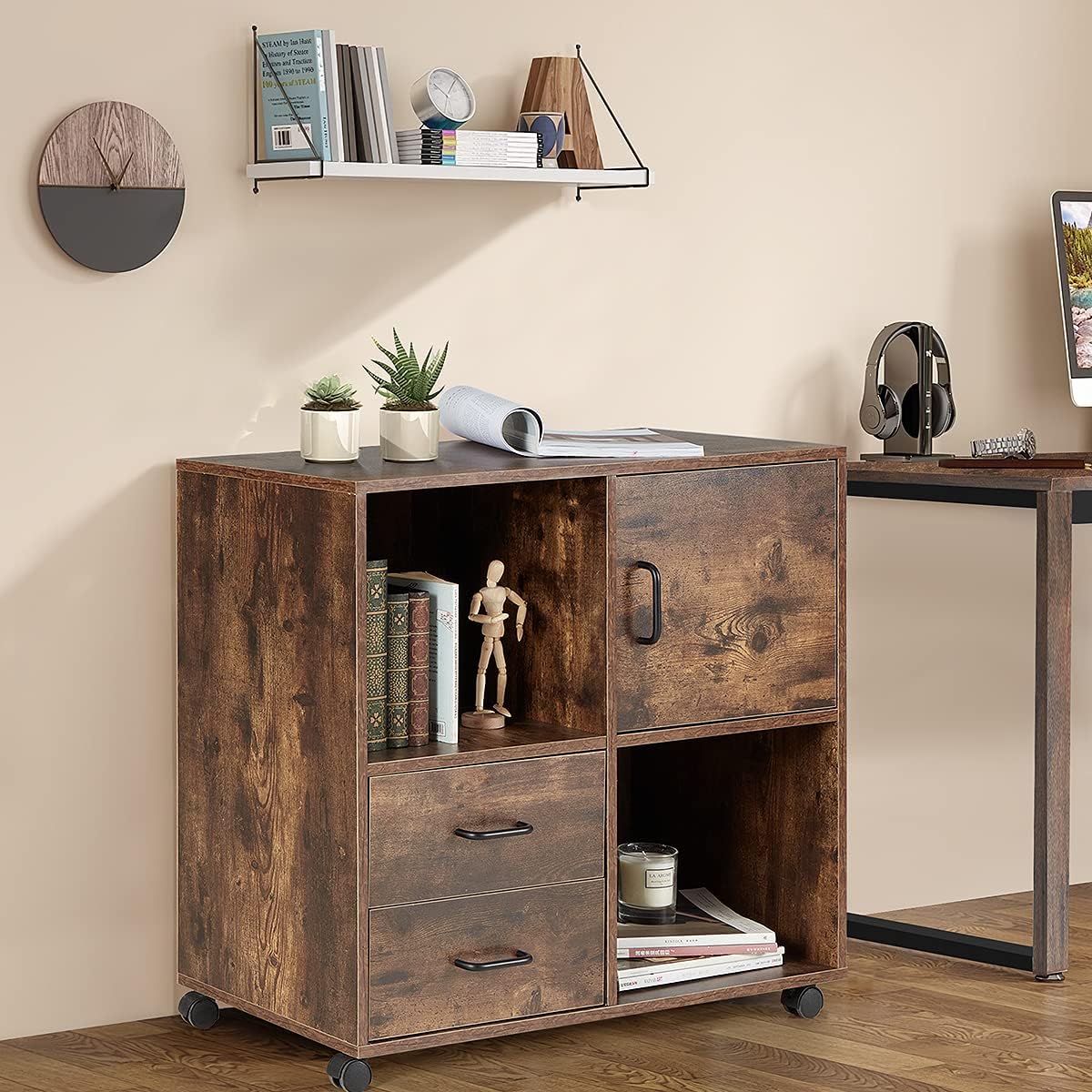 2 Drawers Mobile Wooden Lateral Filing Cabinet with Lockable Casters R1638