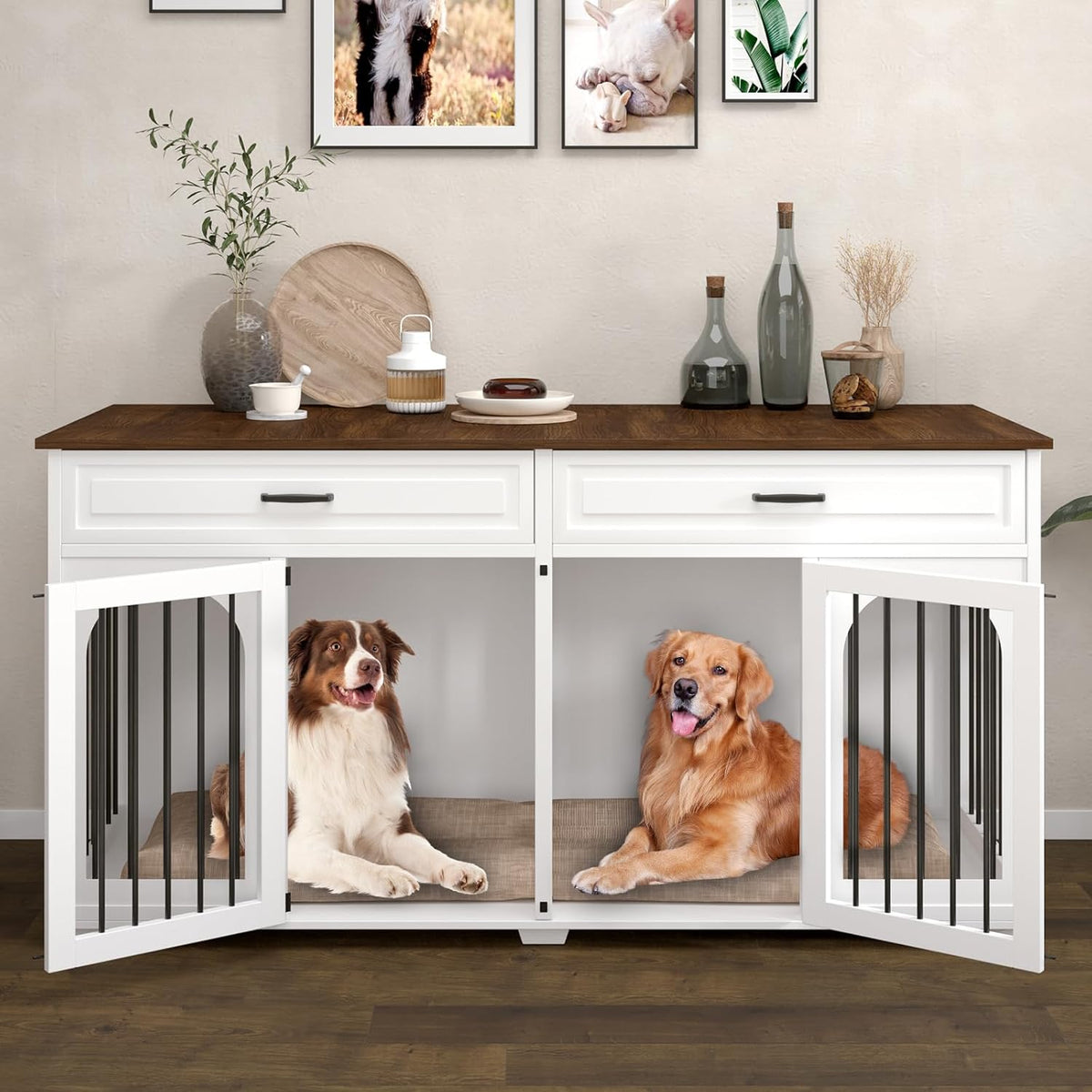 White 74.8 Inch Heavy Duty Wooden Dog Crate with 2 Drawers Q392
