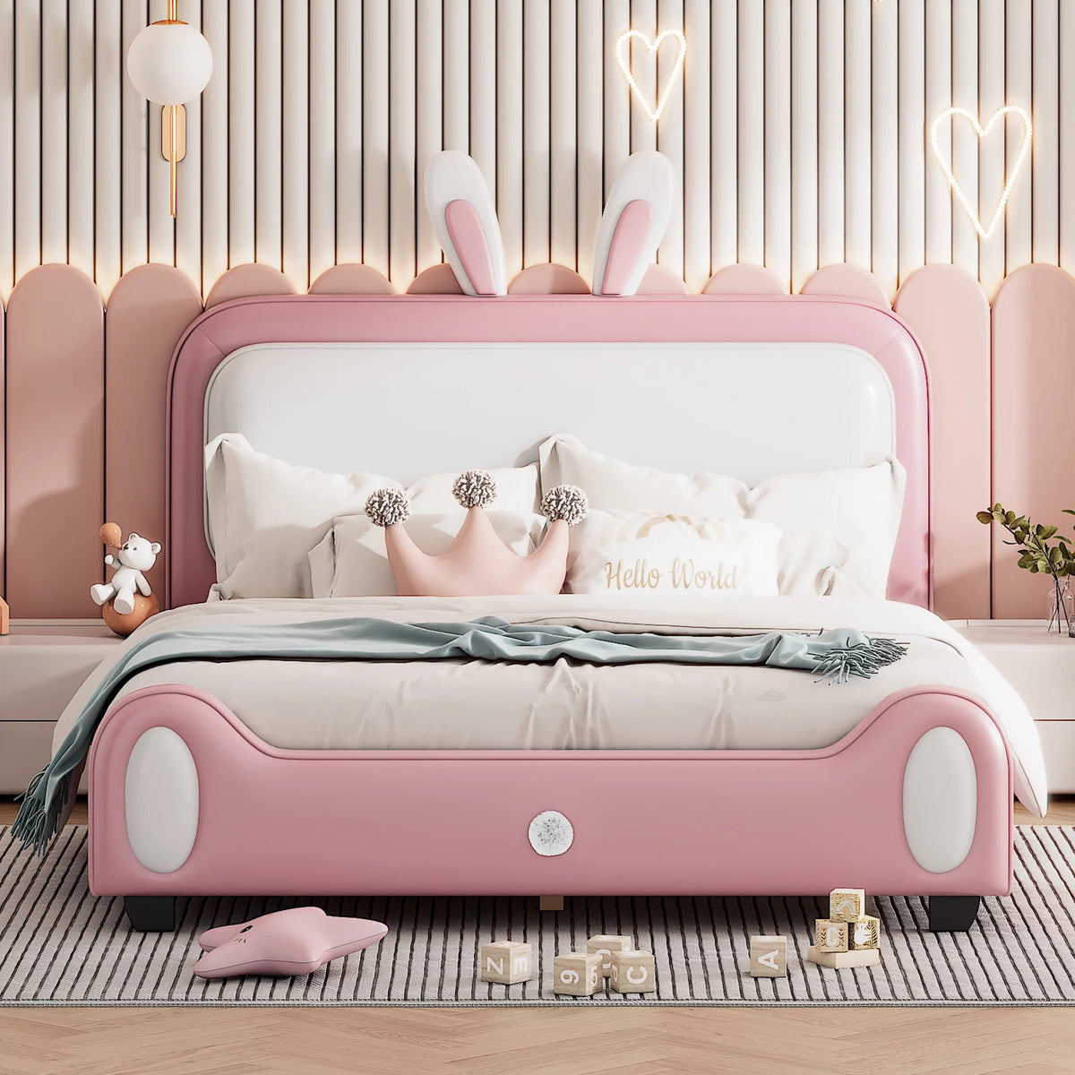 Pink Full Size Kids Princess Bed with Bunny Shape Headboard O70971