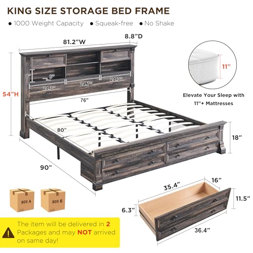 King Size Wood Platform Bed Frame with Storage Headboard and 2 Drawers Antique White P43304